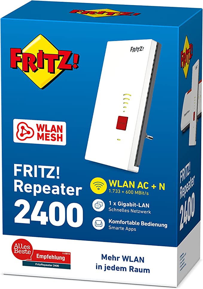 AVM FRITZ!WLAN Mesh Repeater 2400 (Dual-WLAN AC + N bis zu 1.733 MBit/s (5GHz) + 600 MBit/s(2,4 GHz), 1x Gigabit-LAN, deutschsprachige Version)